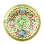 Handicrafted Meenakari Traditional Decorative Stainless Steel Pooja Thali, 11 Inch Meenakari Pooja Thali with Diya, Indian Puja Thali for Home Temple, Festivals, Diwali. (Peacock)
